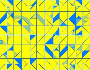 Geometric abstract art with vibrant yellow and blue triangles forming a grid-like pattern