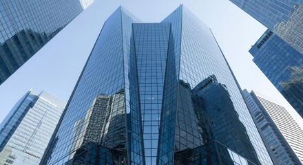 Obraz premium Upward Gaze at Modern Skyscrapers: Architectural Marvels Against a Blue Sky Backdrop
