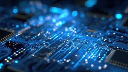 Close-up of a digital data network with interconnected glowing blue lines and points on a dark background