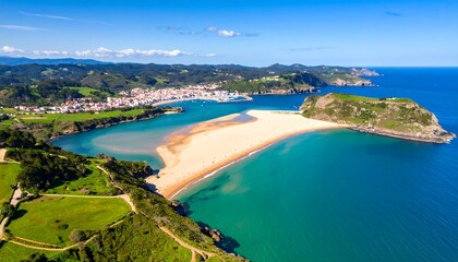 Fototapeta premium Spectacular aerial vista showcasing Ribadesella beach, a picturesque coastal town in Asturias