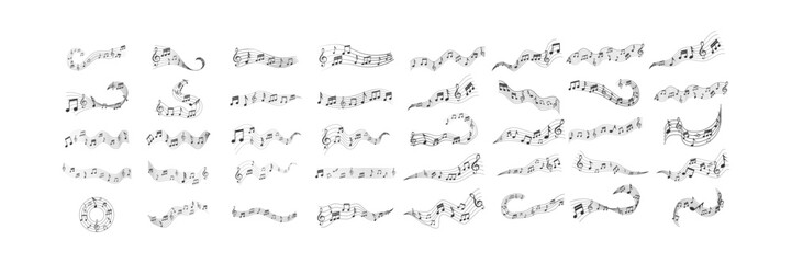 Music notes wave set vector illustration with flowing melody lines, treble and bass clef icons.