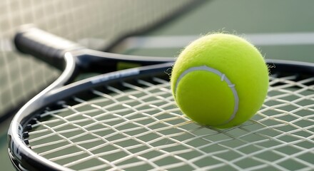 tennis ball on racket with court background
