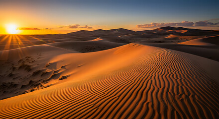 Sunset Lighting Over Sand Dunes with Rippling Patterns