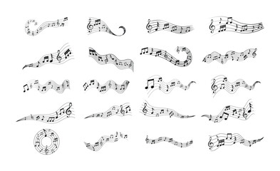 Music notes wave set vector illustration with melody lines, treble clef and decorative musical symbols.