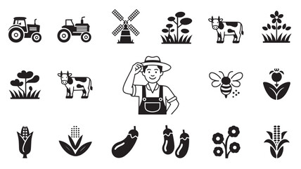 Black and White Farm Icons Vector Illustration Featuring Farmer Windmill Cow Tractors and Crops Agriculture and Rural Life Concept