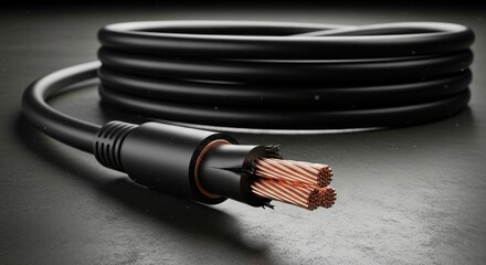 Gleaming Copper Core Revealed in a Sleek, Coiled Black Industrial Cable