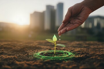 Hand watering a green sprout with glowing green digital circle on soil near city buildings at sunset