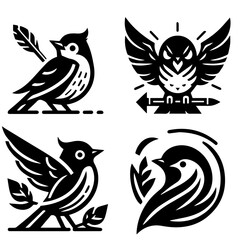 Four stylized bird illustrations in black and white featuring different artistic interpretations of birds