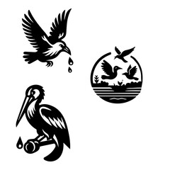 Illustration featuring birds in different scenes including flying and perched birds with water drops