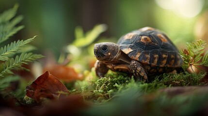 Fototapeta premium Curious tortoise exploring lush green mossy forest floor, bathed in soft natural light