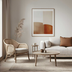 Create a realistic picture of a white wall light parquet flooring a light sofa armchair and coffee table against the wall There is a painting hanging on the wal