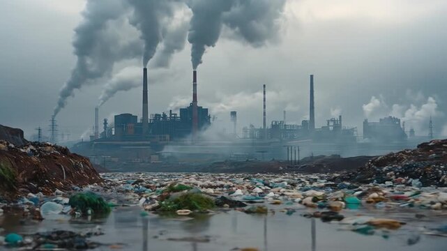 A polluted industrial landscape featuring smokestacks emitting thick smoke, with a foreground of contaminated water and plastic waste, highlighting environmental degradation