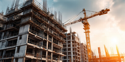 Häuser Konstruktion. Baukräne. Häuser sind im Rohbau Architekten Pläne