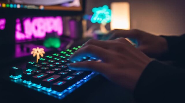 Typing on a vibrant RGB gaming keyboard with colorful neon lights setup creating immersive