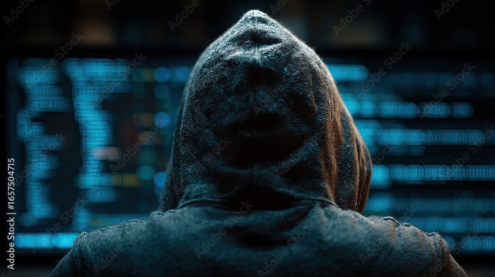 Wall mural anonymous hacker in hoodie analyzing data on computer screen, cybersecurity threat and digital crime