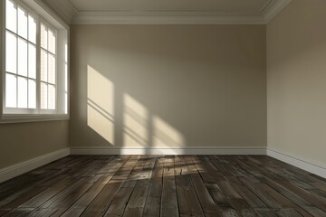 Obraz premium Empty room with a large window, bathed in natural light, casting dramatic shadows on a wooden floor.