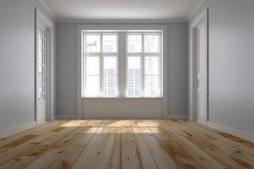 Obraz premium An empty room with light-gray walls, white trim, and light-colored wooden flooring, showcasing a spacious and bright interior.
