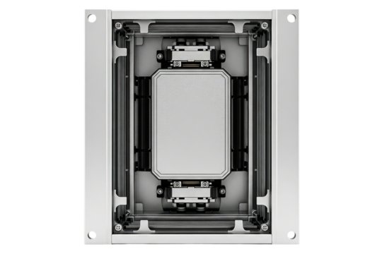 Aluminum industrial enclosure frame with internal mounting isolated on a transparent background