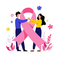 Supportive Duo Holding Pink Ribbon Symbolizing Breast Cancer Awareness and Hope.