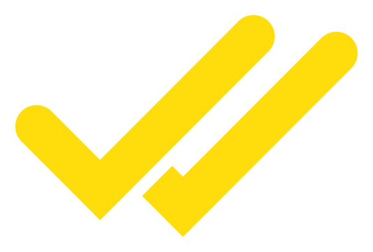 Yellow double checkmark icon, flat tick symbol, PNG with transparent background for messaging, notifications, delivery status, and confirmation