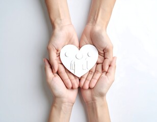 Obraz premium Two hands holding a white heart-shaped cutout with a family design
