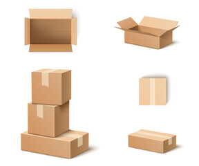 Brown Cardboard Boxes Mockup – Open, Closed, and Stacked for Packaging and Delivery
