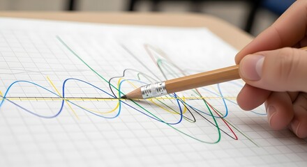 Hand holding a pencil sketching colorful, overlapping sine wave patterns on graph paper with grid lines, illustrating complex mathematical functions and waveforms in a creative, detailed drawing.
