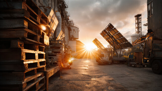Old obsolete solar panels in factory yard with warm sunset light