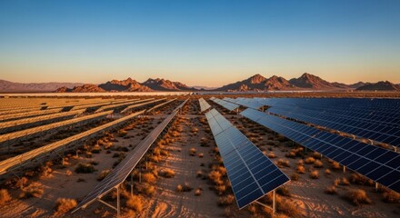 Golden Hour Over a Sprawling Desert Solar Farm with Majestic Mountain Backdrop