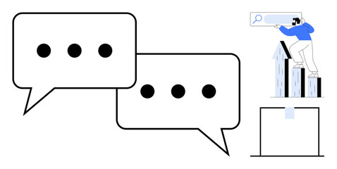 Two chat bubbles with ellipses, rising bar graphs, and a person analyzing a search bar. Ideal for communication, collaboration, research, data insights, online search, teamwork simple flat metaphor