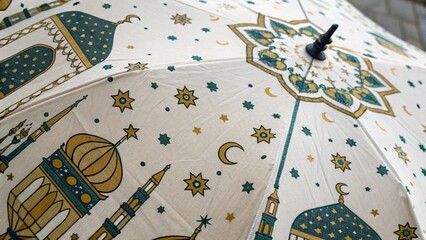 Close Up of Ramadan Umbrella with Crescent Moon Lantern and Mosque Pattern for Islamic Celebration