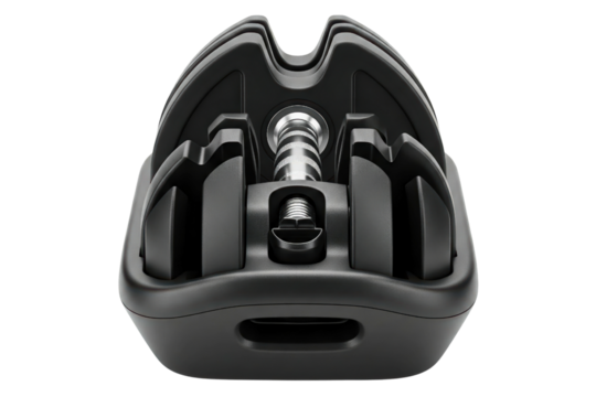 Adjustable dumbbell base cradle with slots and center handle isolated on a transparent background