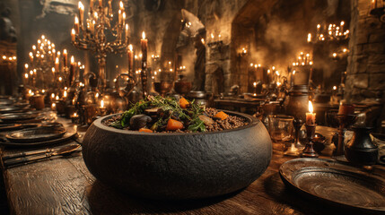 Medieval Feast with Rustic Stew in Candlelit Banquet Hall