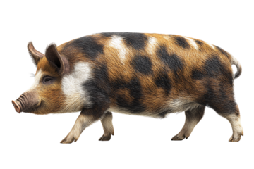  Side view of an Oiji pig with brown and white fur walking forward, White background