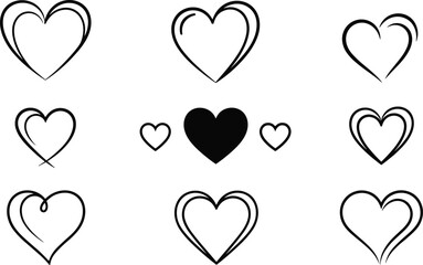 Collection of nine heart shapes in grid, black and white vector illustration, love romance symbol design, minimalist abstract artistic graphic style
