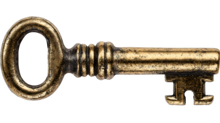 Antique golden key, isolated on transparent background