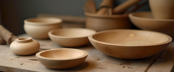 Wooden bowls and pottery arranged on woodworking table  