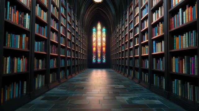 Zoom in Library with towering shelves of ancient tomes
