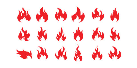 Vector fire flame icon set with burning symbols, fireball signs, campfire and bonfire flame illustration.