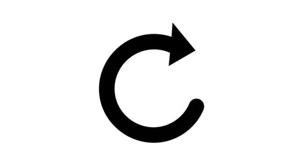 Black circular arrow pointing clockwise on white background, symbolizing refresh, reload, rotation, repeat, cycle, update, reset, continuous process, and circular motion concept.