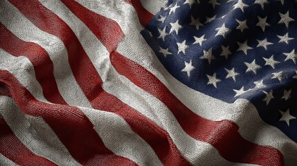Waving American flag texture with detailed stars and stripes, symbolizing patriotism and freedom.