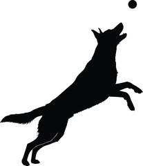 Silhouette of jumping dog, playful pose, catching ball, black and white illustration, active pet moment, energetic motion, agility, outdoor fun