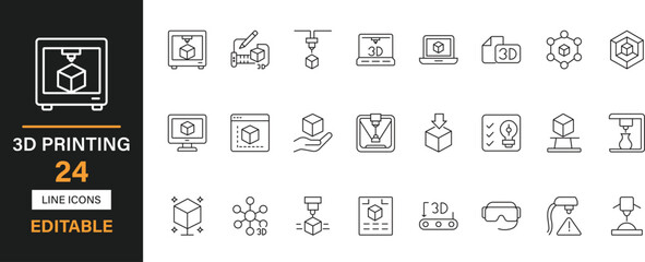 3d printing 24 editable line icons set. Additive, extruder, filament, nozzle, bed, layer, cad, slice, resin  and solid icons.