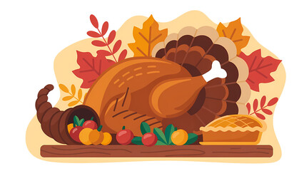 Roasted turkey, autumnal fruits, and pie, a Thanksgiving feast illustration.