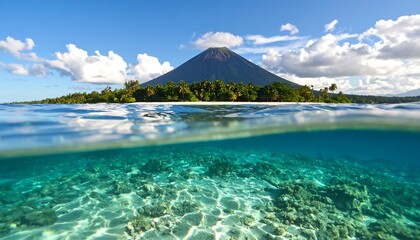 Fototapeta premium Spectacular view of volcanic island and pristine underwater coral reef ecosystem