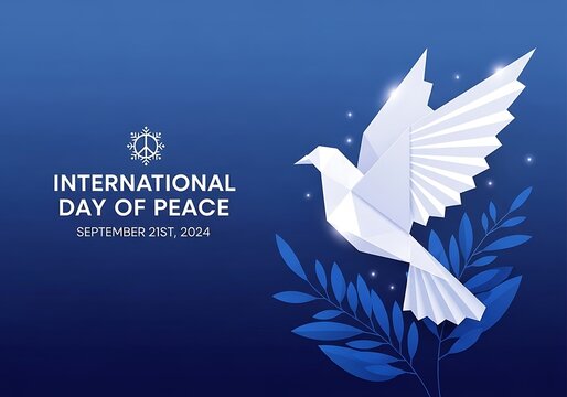 International day of peace an origami dove with blue leaves symbolizes the international day of peace on september 21st, 2024, against a blue background