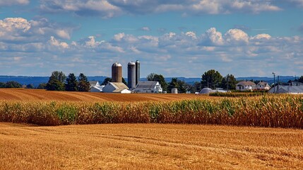 Golden cornfield stretches towards a classic farm and silos under a bright blue sky with fluffy clouds