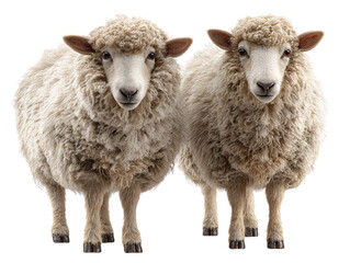 Fototapeta premium Two sheep standing next to each other, full body, white background