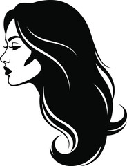 Silhouette of long wavy hair with curls, black and white vector illustration, elegant minimalist hairstyle design, fashion beauty concept, abstract art style