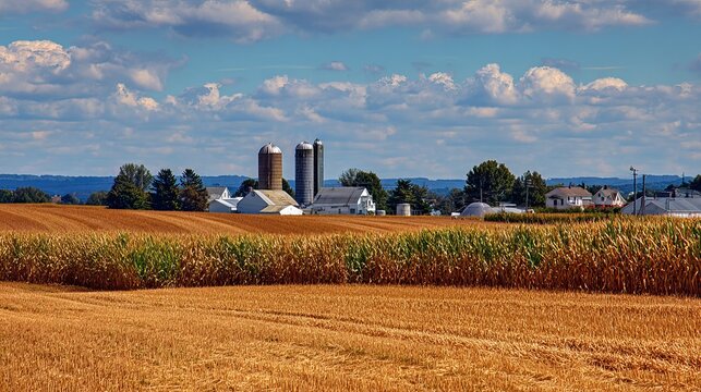 Golden cornfield stretches towards a classic farm and silos under a bright blue sky with fluffy clouds